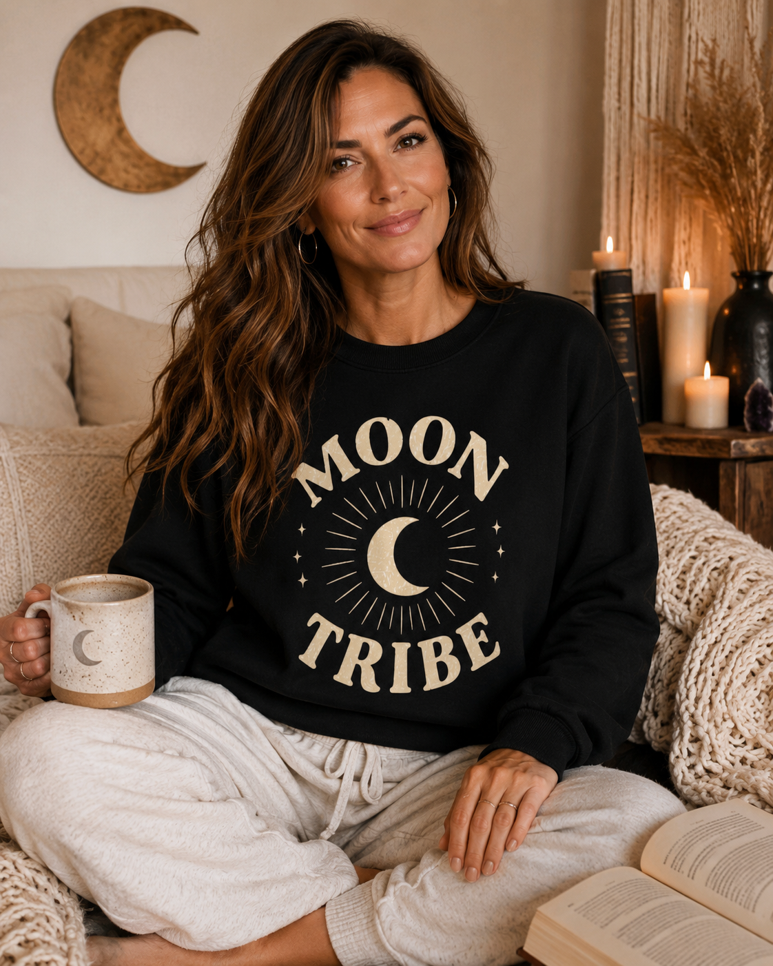 Moon Tribe Crewneck Sweatshirt — Celestial Moon Graphic Pullover - Jewel Tones