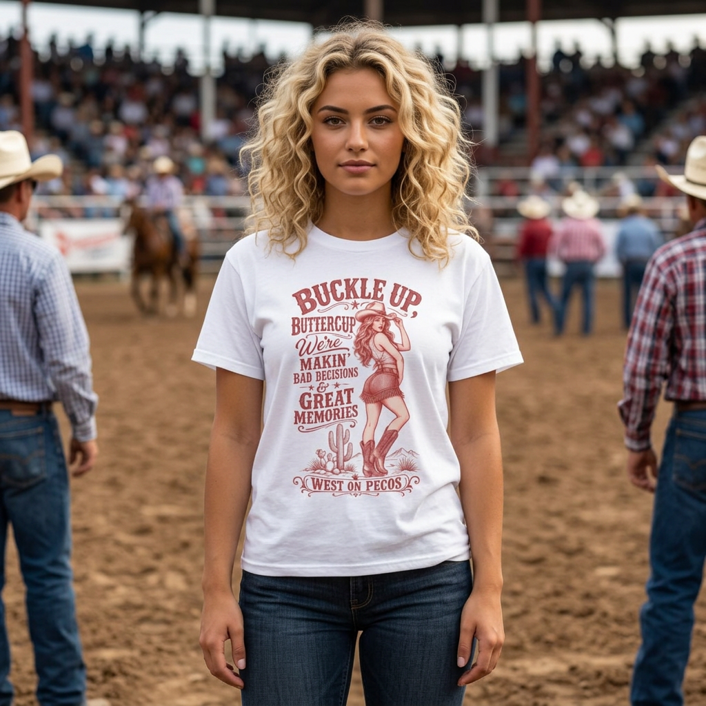 Buckle Up Buttercup Western Graphic T-Shirt – 'Makin' Bad Decisions & Great Memories' Cowgirl Tee
