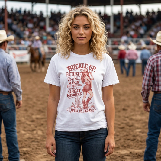 Buckle Up Buttercup Western Graphic T-Shirt – 'Makin' Bad Decisions & Great Memories' Cowgirl Tee