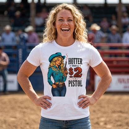 Graphic T-Shirt — "Hotter Than a 2 Pistol" Cowgirl Retro Tee