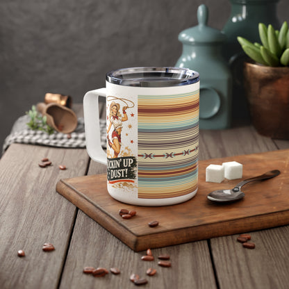 10oz Insulated Coffee Mug — Retro Southwest Stripe & 'Kickin' Up Dust' Cowgirl Design