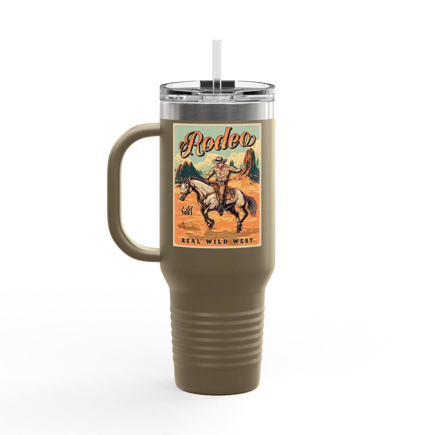 Rodeo Cowboy 40oz Insulated Travel Mug — Wild West Horseback Design