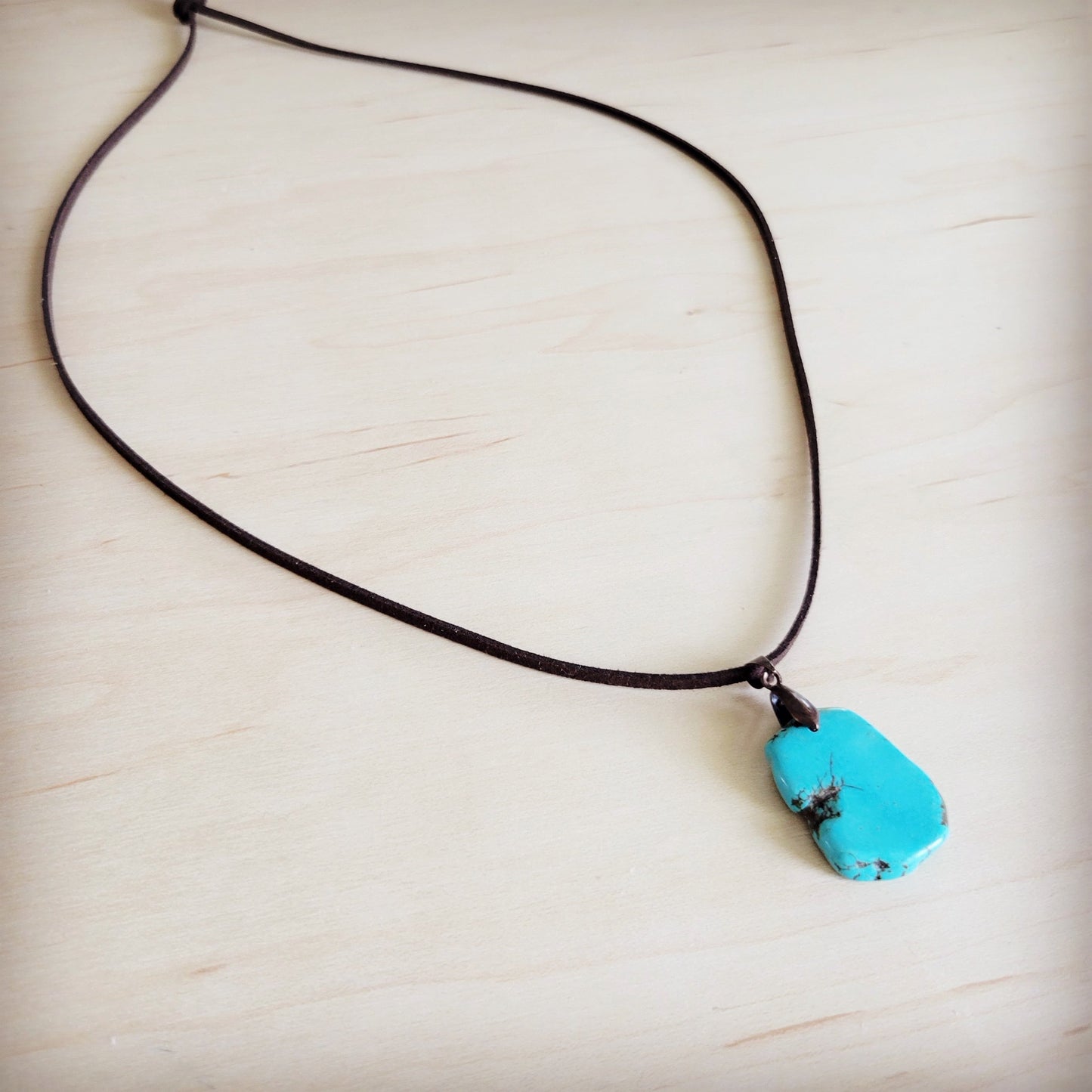 **Turquoise Slab Pendant on Leather Cord Necklace 254d