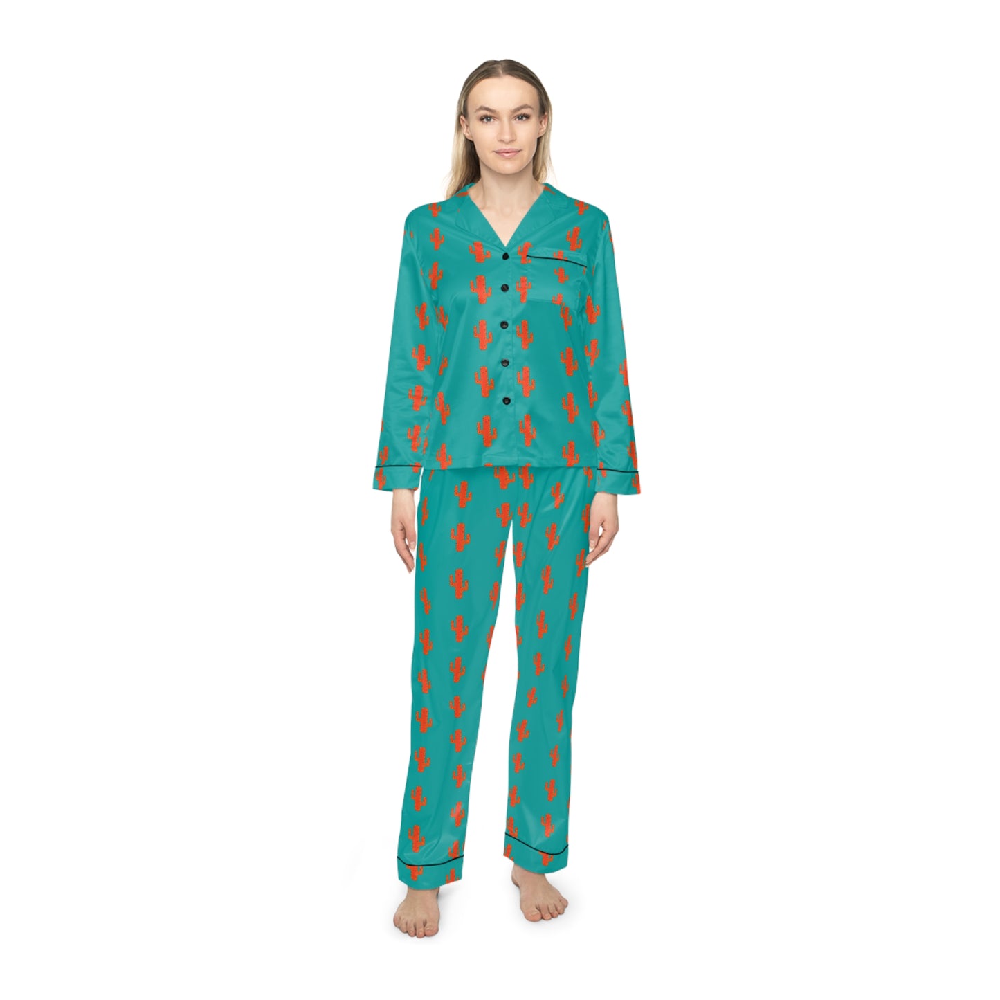 Women's Satin Pajama Set — Teal Retro Cat Pattern Loungewear
