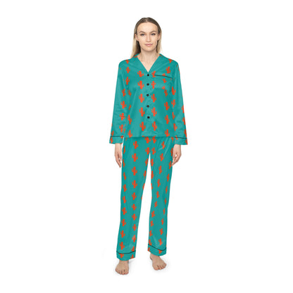Women's Satin Pajama Set — Teal Retro Cat Pattern Loungewear