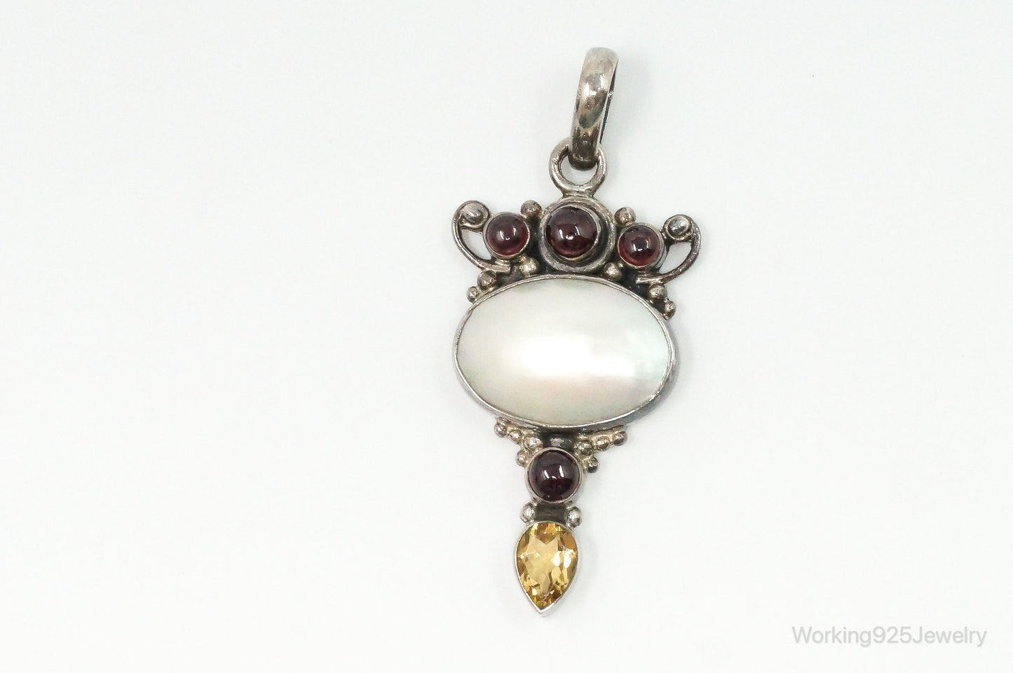 Large Vintage Mothe Of Pearl Citrine Garnet Sterling Silver Pendant