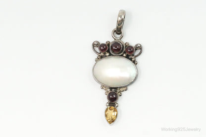 Large Vintage Mothe Of Pearl Citrine Garnet Sterling Silver Pendant