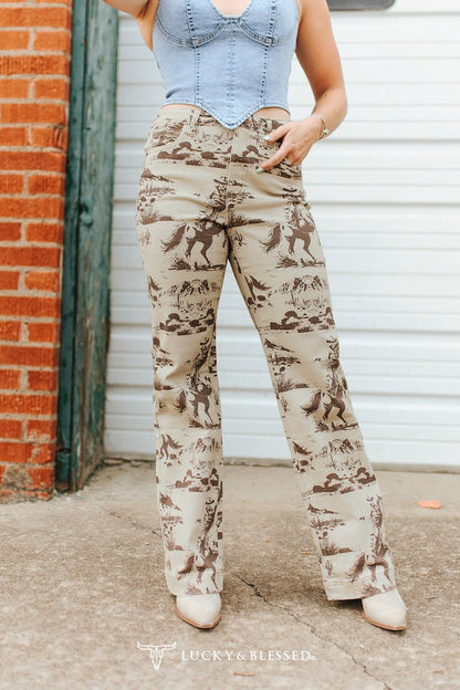 BEIGE DESERT PRINTED HIGH RISE TROUSER JEANS (32IN INSEAM)