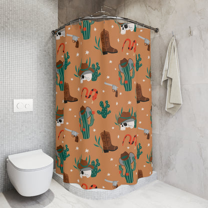 Western Desert Shower Curtain — Cowboy Skull, Cactus & Boots Bath Decor