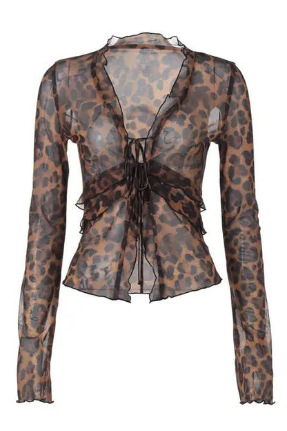 Leopard Print Mesh ruffled top