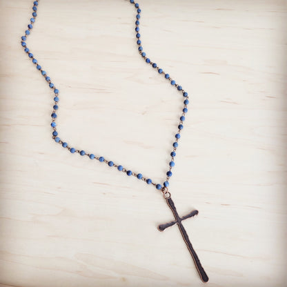 Genuine Blue Lapis Long Beaded Necklace with Antique Copper Cross 263a
