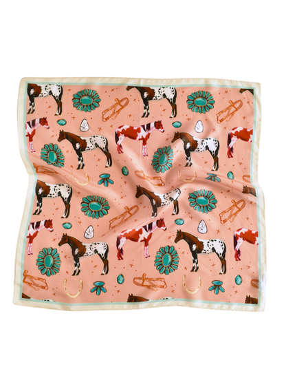 Western Silk Wild Rag Horses and Turquoise Peach Scarf