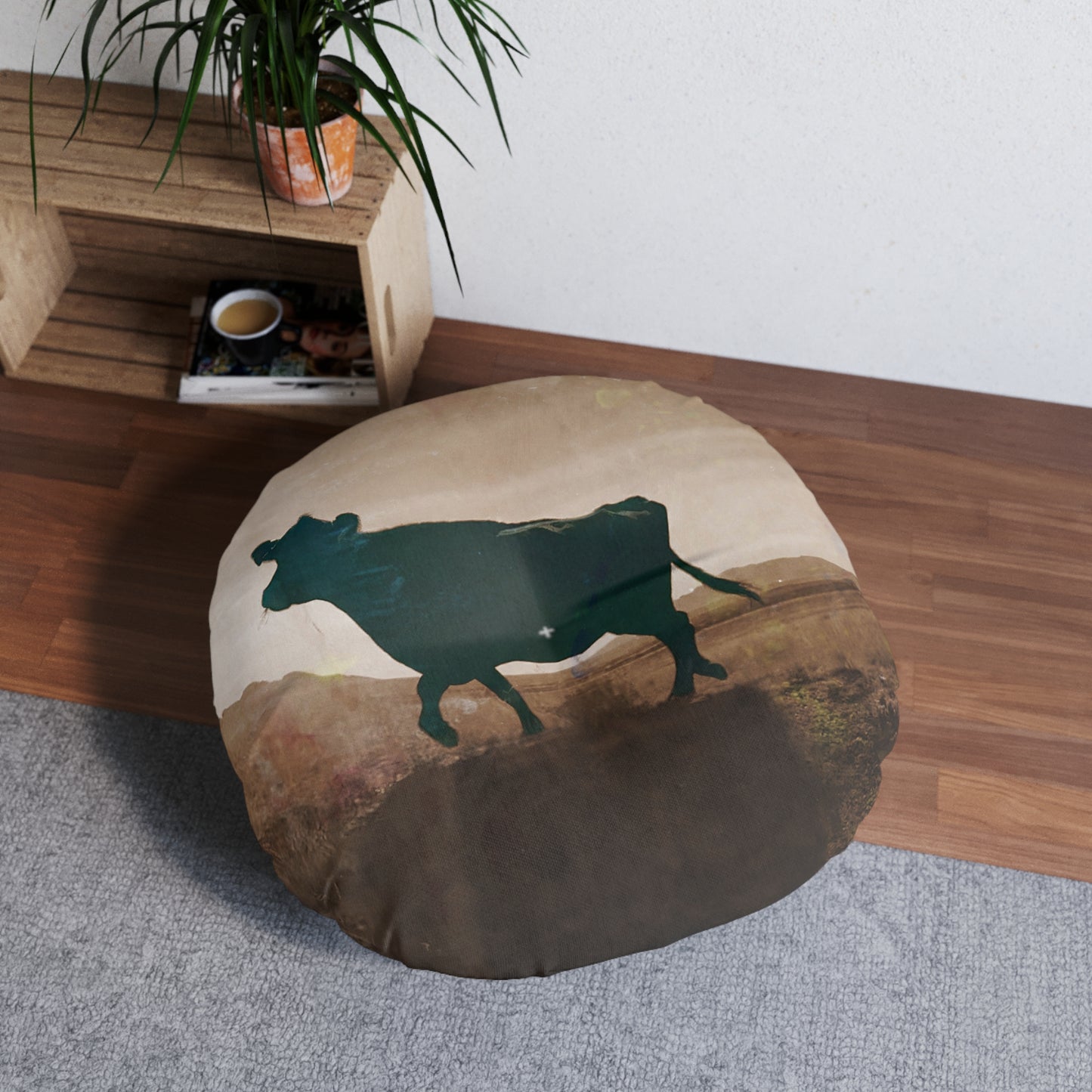 Western Round Tufted Floor Pillow — Southwestern Stripe or Cowhide Pattern