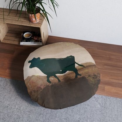 Western Round Tufted Floor Pillow — Southwestern Stripe or Cowhide Pattern