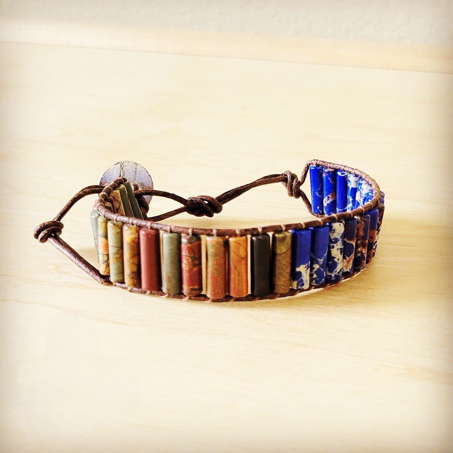 **Woven Picasso Jasper & Lapis Beaded Bracelet 809z