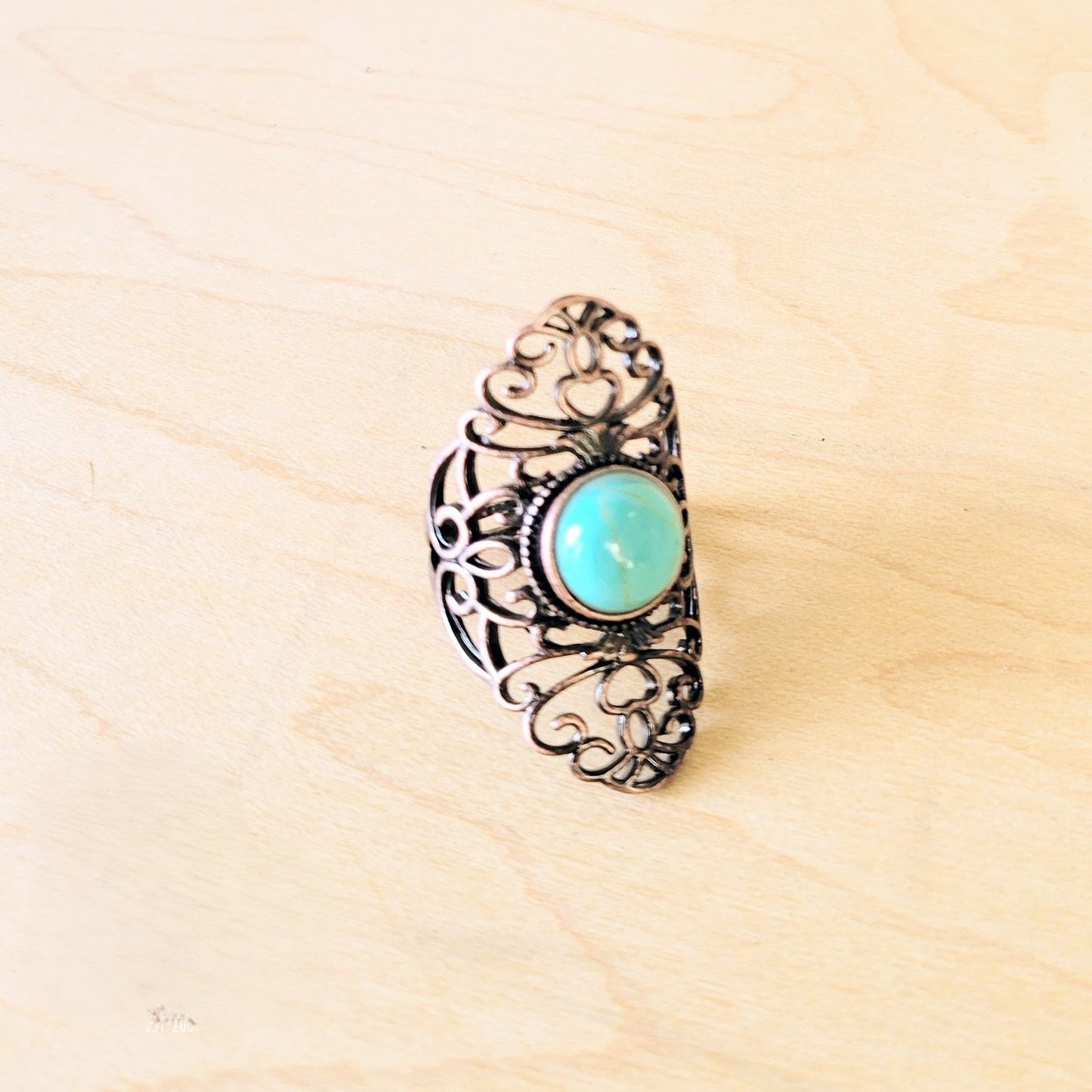 **Blue Turquoise Ring in Antique Copper Filigree Setting 012d3