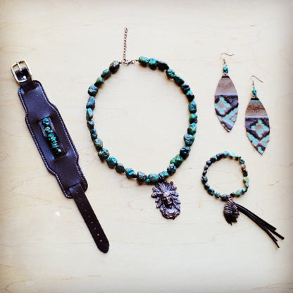 **Natural Turquoise Collar Necklace w/ Indian Head Pendant 259n