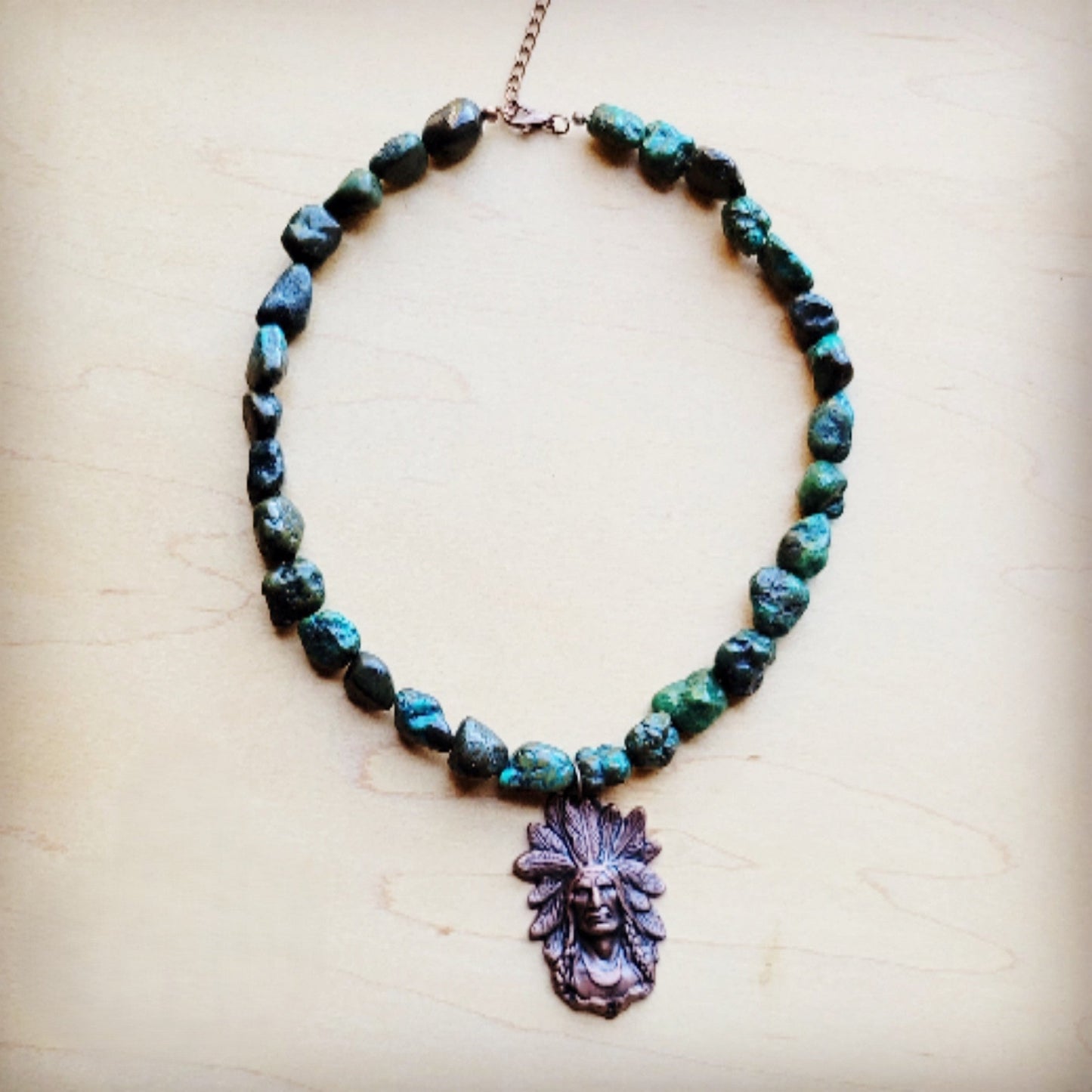 **Natural Turquoise Collar Necklace w/ Indian Head Pendant 259n