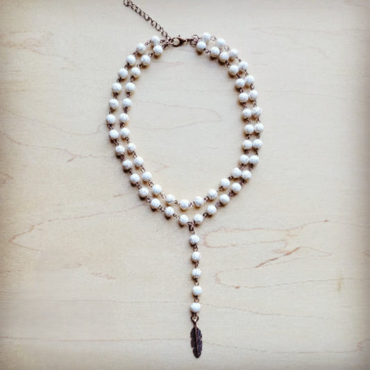 Double Strand Lariat White Turquoise Necklace w/ Copper Feather 259q