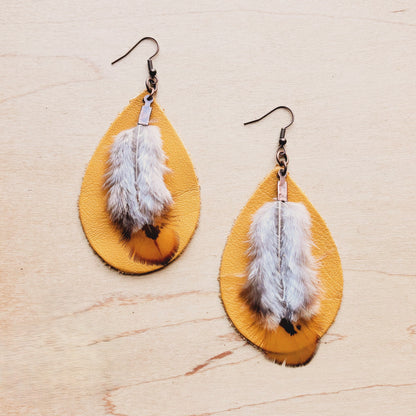 **Leather Teardrop Mustard Earrings w/ Feather Accents 220c