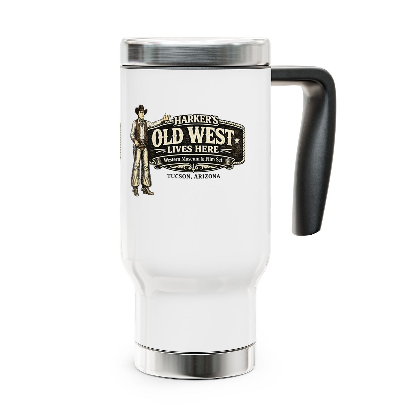 Harker's Old West Cowboy Travel Mug - 14oz Stainless Steel Tumbler with Handle