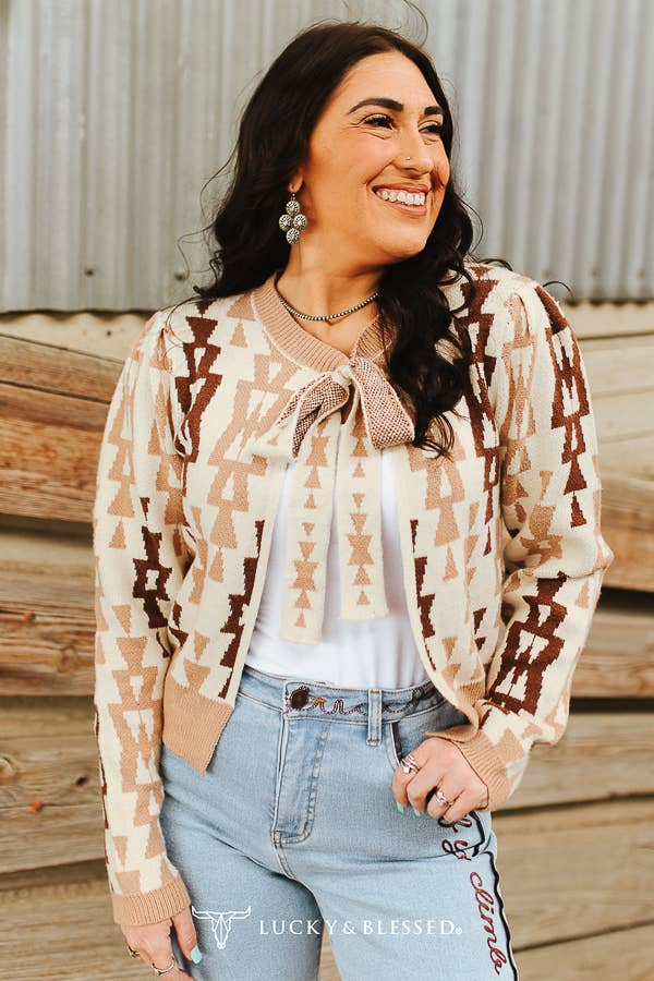 Cream Mocha Aztec Knit Sweater Cardigan Front Tie Sweater XL-3XL