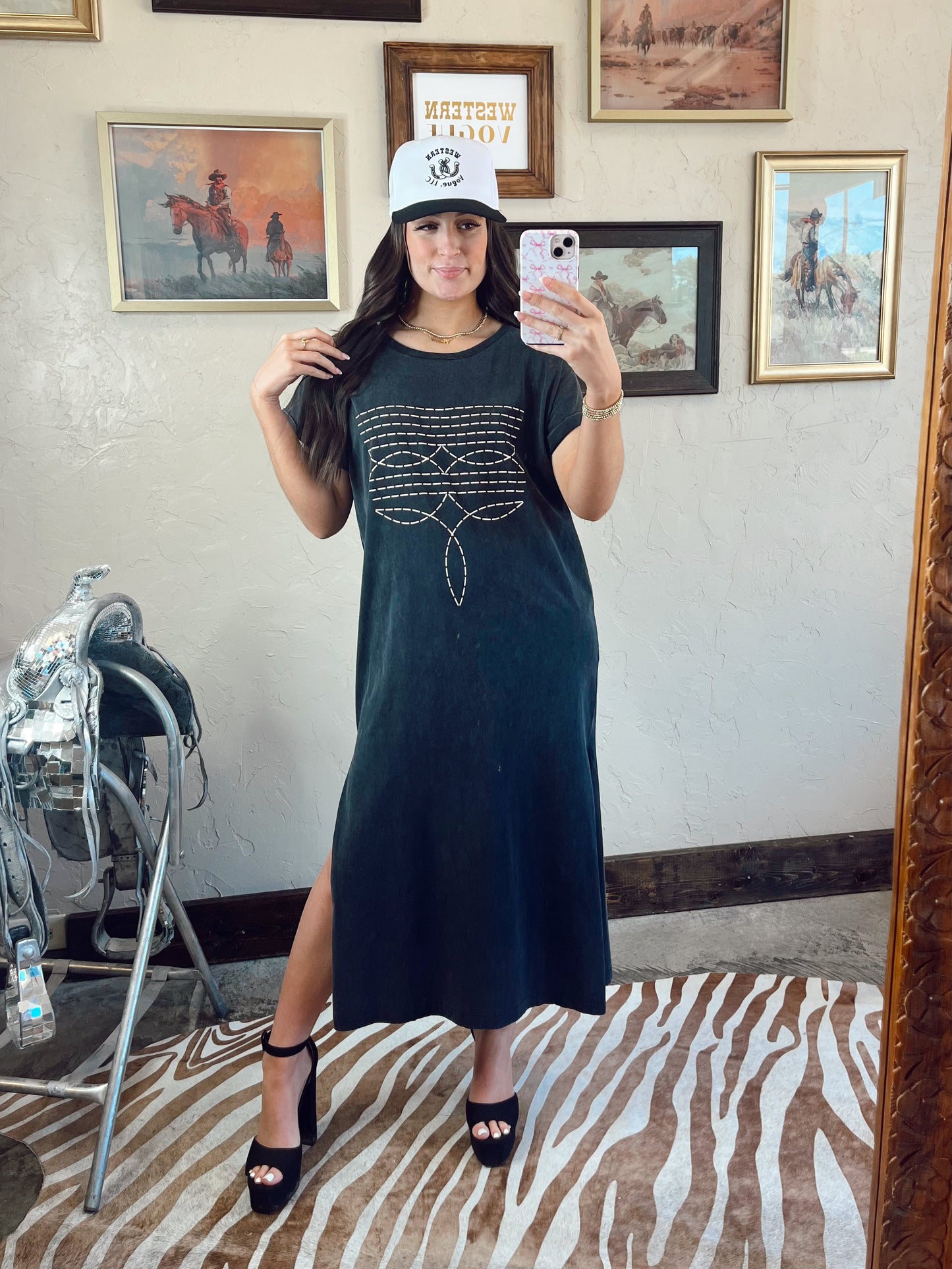 The Western Boot Stitch T-Shirt Dress in Brown