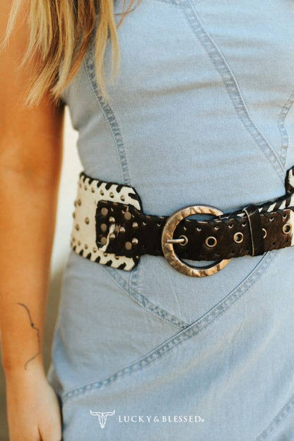 Black Cowhide Genuine Leather Studded Wide Belt