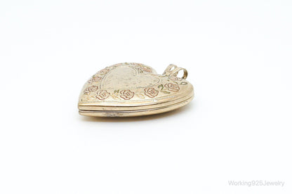 Antique GF Rose Etched Sterling Silver Heart Picture Locket Pendant