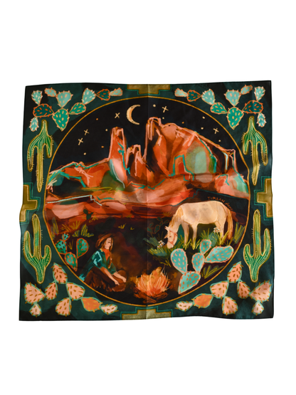 Large 100% Mulberry Silk 35x35: Desert Nights Western Wild Rag Cowgirl