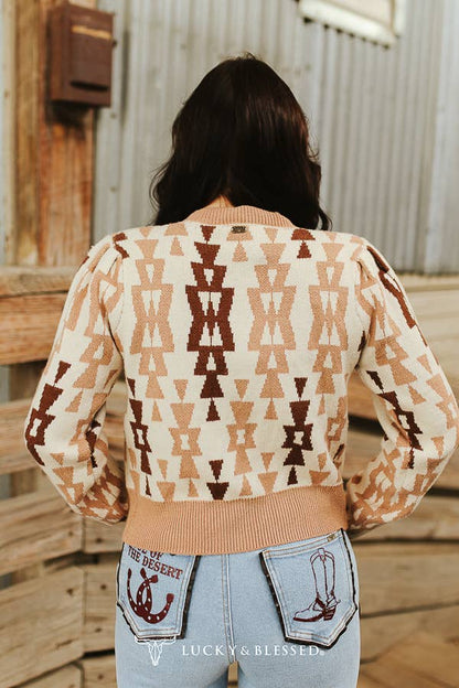 Cream Mocha Aztec Knit Sweater Cardigan Front Tie Sweater XL-3XL