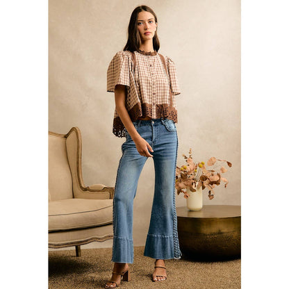 CHECK LACE TRIM FLUTTER SLEEVES BLOUSE TOP