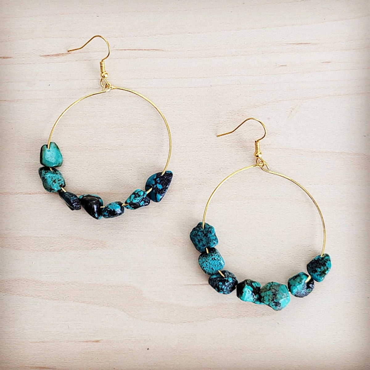 Beaded Hoop Earrings- Genuine Natural Turquoise Stones