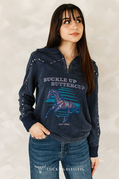 Dark Blue Mineral Wash Vintage Running Horse Sweater