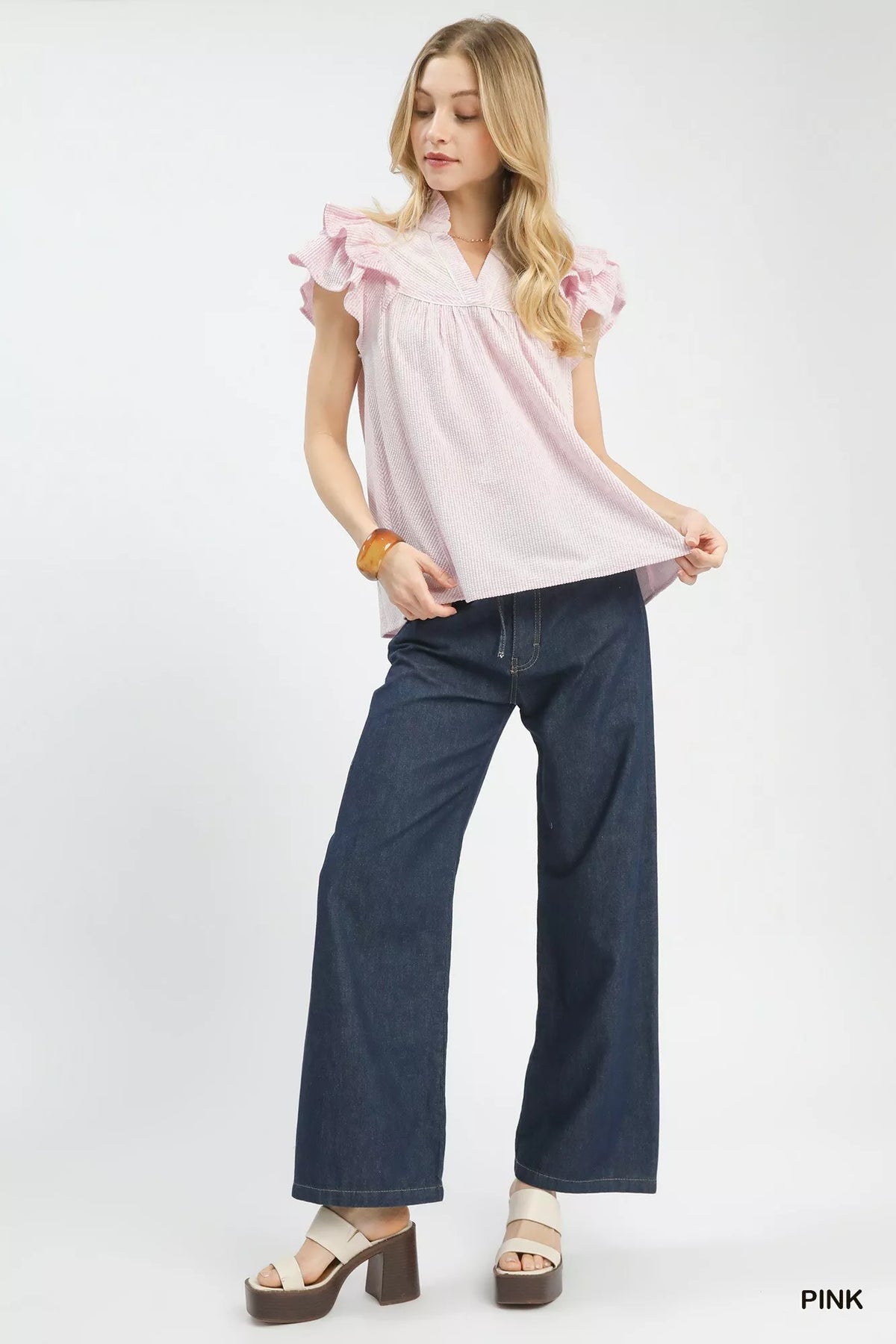 Umgee Ruffled Sleeve Textured Blouse in Pink