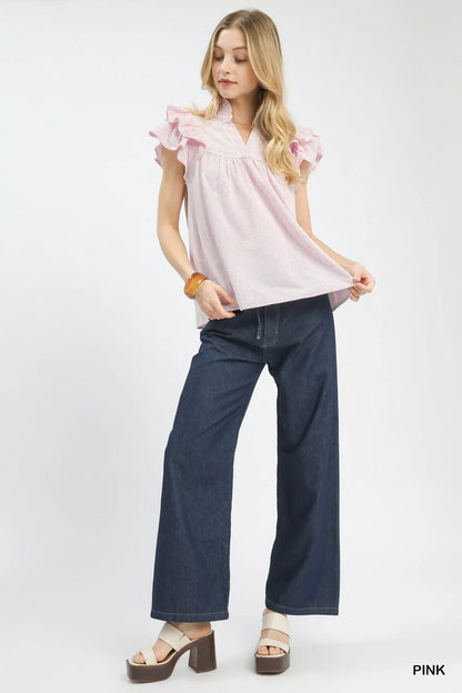 Umgee Ruffled Sleeve Textured Blouse in Pink