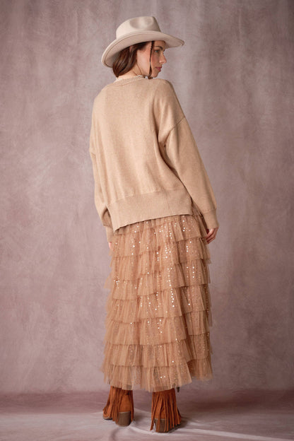 Sequin Tiered Mesh Maxi Skirt