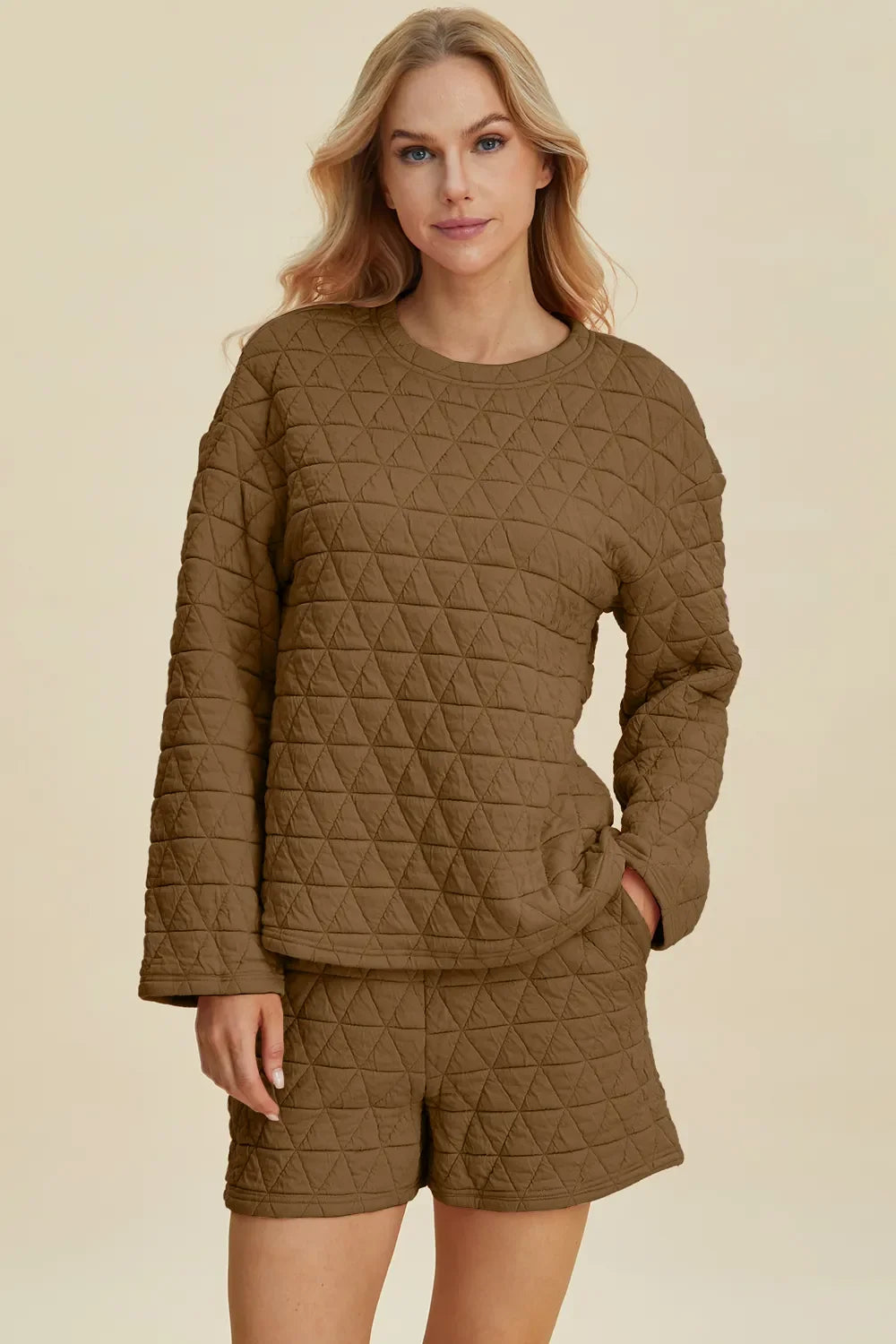 Double Take Textured Long Sleeve Top & Shorts Set