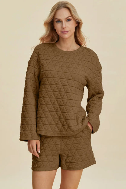 Double Take Textured Long Sleeve Top & Shorts Set