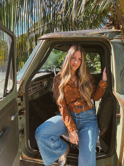 John Wayne Western Pearl Snap Button Up Top In Brown