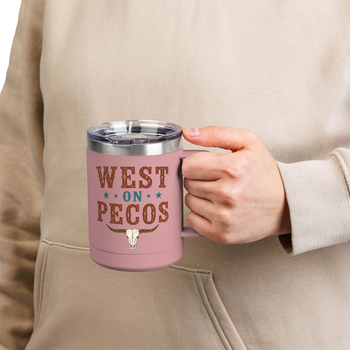 Western West on Pecos Coffee Mug — 15oz Rancher Travel Tumbler (No-Spill)