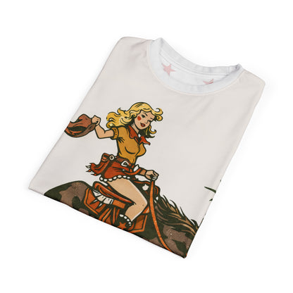 Cowgirl Retro Rodeo Tee — Vintage Bucking Bronco All-Over Print Shirt