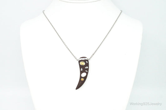 Vintage Large Wood Claw Tigers Eye Citrine Sterling Silver Necklace
