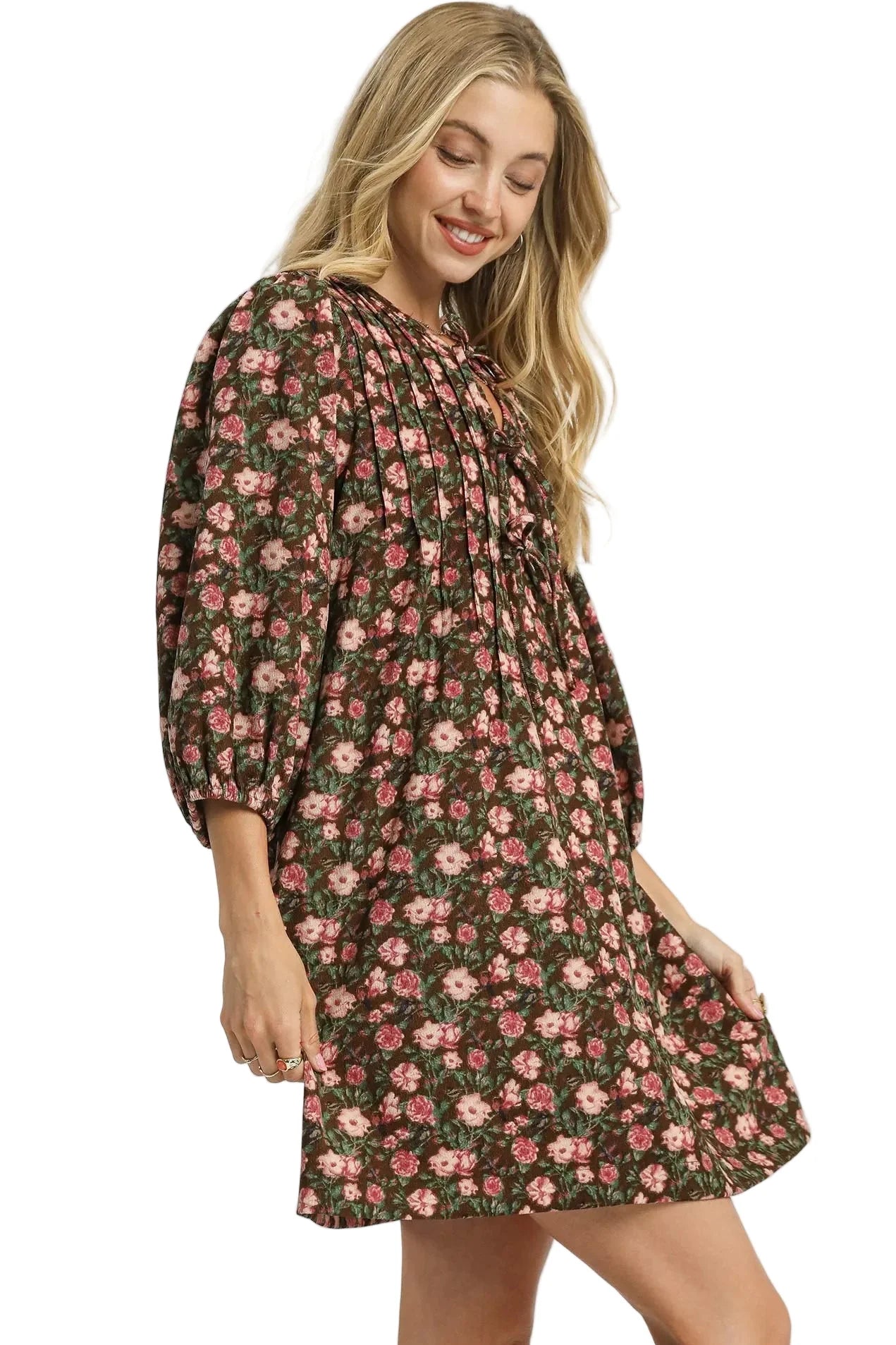 Womens Casual Swing Dress Vintage Floral Print Babydoll Style Puff Sleeve Mini Brown Pink Garden Party Dress