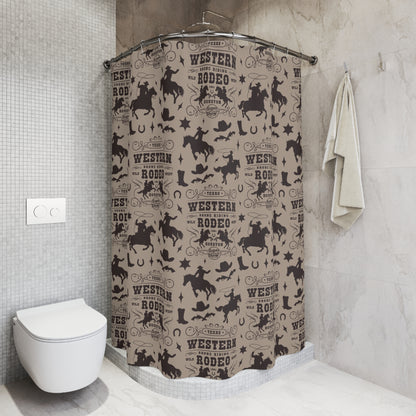 Western Rodeo Pattern Shower Curtain — Cowboy Boots, Hats & Horse Silhouettes