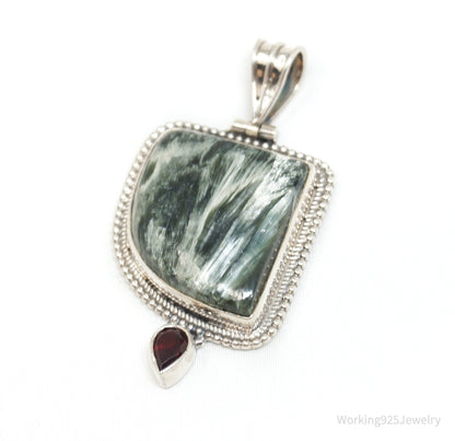 Vintage Large Green Seraphinite Garnet Sterling Silver Necklace Pendant