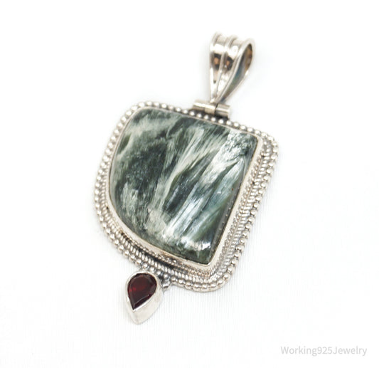 Vintage Large Green Seraphinite Garnet Sterling Silver Necklace Pendant
