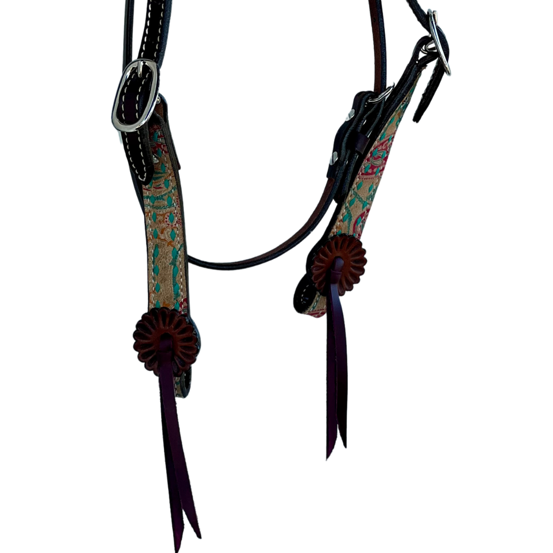 2800- Paisley 1.5" Contour browband with Paisley overlay, buckstitch & slot conchos w/ Latigo strings