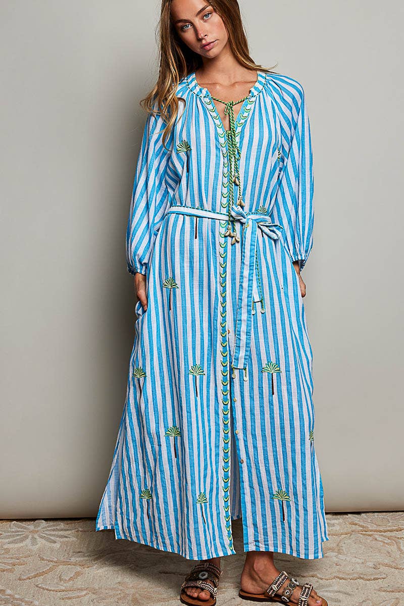 Palm Tree Embroidery Lightweight Striped Maxi Dres