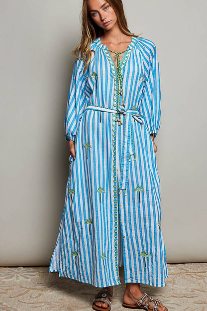 Palm Tree Embroidery Lightweight Striped Maxi Dres